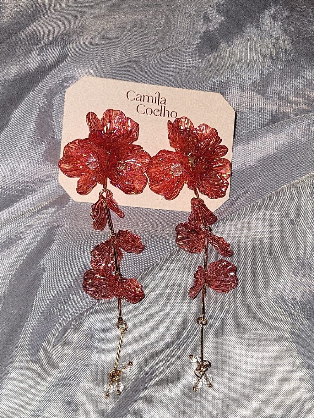 Camila Coelho Iridescent Coral Pink Floral Long Drop Earrings Te Rt TL
